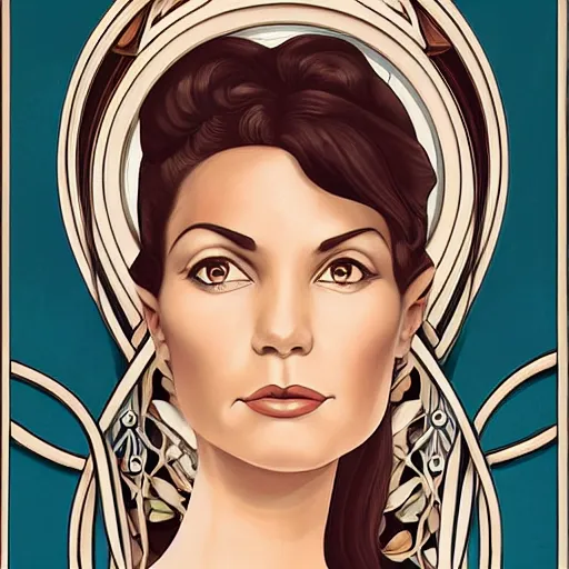 Image similar to an art nouveau, ( streamline moderne ), multi - racial portrait in the style of magali villenueve. very large, clear, expressive, and intelligent eyes. centered, ultrasharp focus, dramatic lighting, photorealistic digital matte painting, intricate symmetrical ultra detailed background.