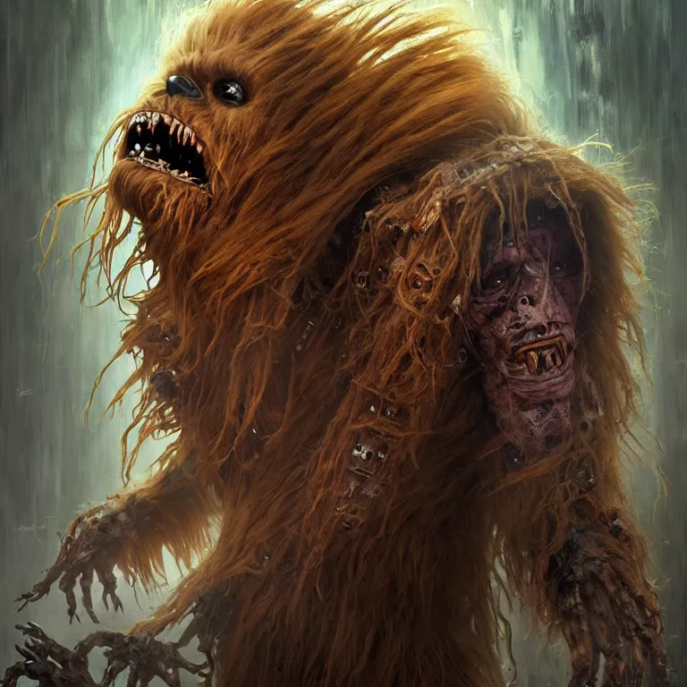 Image similar to scary horrific zombie chewbacca and rotting wookies, dark star wars fantasy, body horror, sores and scars, undead. highly detailed, biopunk, digital painting, by greg rutkowski, artgerm, giger and alphonse mucha