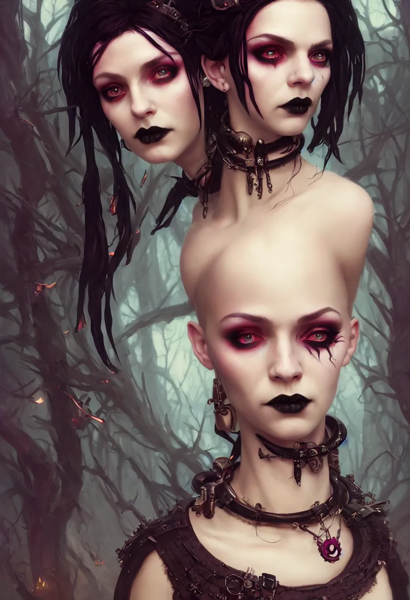 Image similar to beautiful extreme closeup portrait, goth girl, piercings collar, mohawk hairstyle, medieval dress. witch, makeup. unreal engine, greg rutkowski, loish, rhads, beeple, tom bagshaw, alphonse mucha, global illumination, detailed and intricate environment