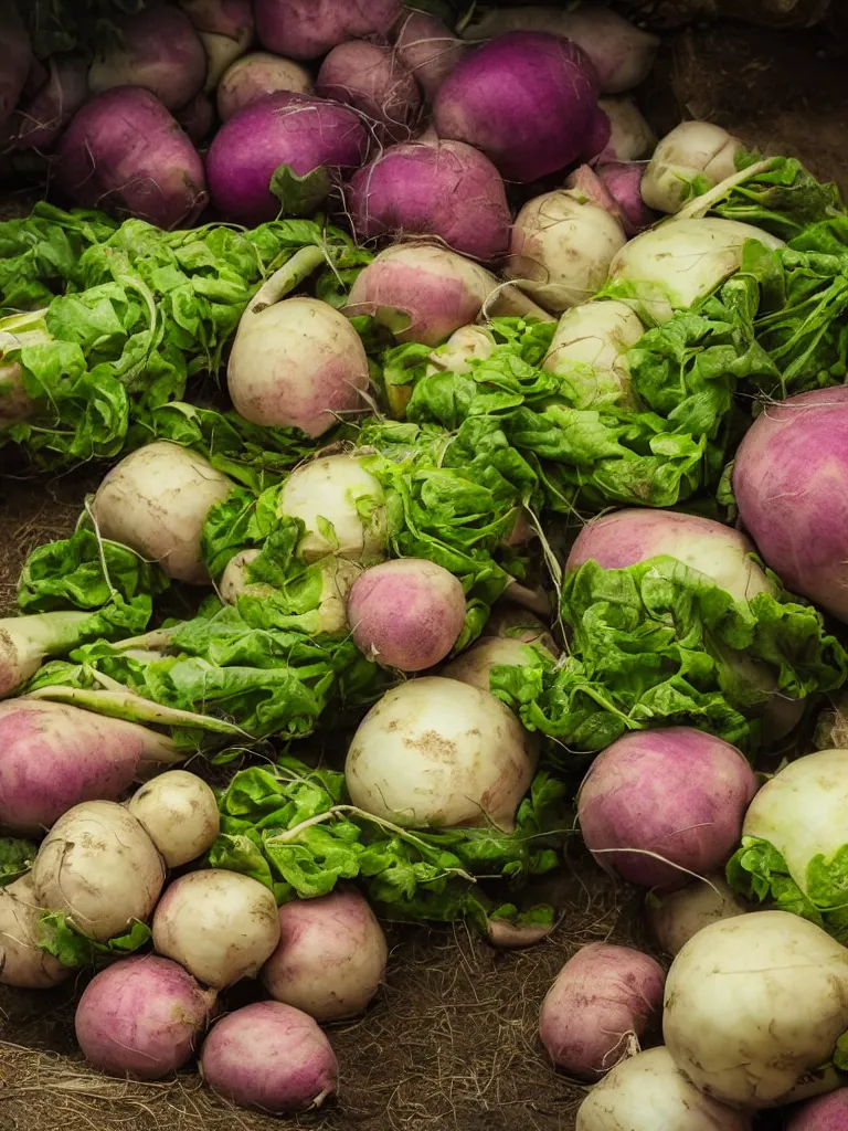 Image similar to a photorealistic turnips and rutabagas, farmer's market setting, vivid colors, soft lighting, atmospheric, cinematic, 8k