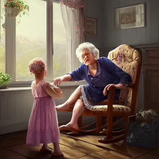 Image similar to epic cinematic hyperrealism masterpiece where a very old woman appears sitting on a rocking chair hugging a 3 year old girl both are white. realistic poster with shaded lighting by craig mallismo, artgerm, jeremy lipkin and michael garmash, unreal engine, radiant light, detailed and complex environment, digital art, art station trends