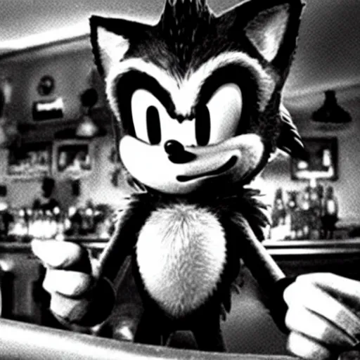 Image similar to photogram of sonic the hedgehog sitting at a bar, movie still