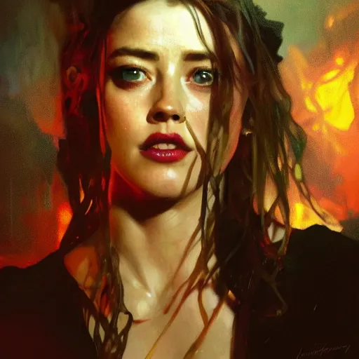 Image similar to hyperrealistic portrait of a woman as amber heard dining in hell by jeremy mann and alphonse mucha, fantasy art, photo realistic, dynamic lighting, artstation, poster, volumetric lighting, very detailed faces, 4 k, award winning