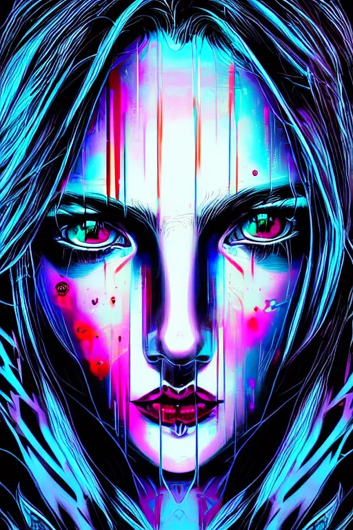 Image similar to dreamy cyberpunk girl face, abstract vivid background, noir, beautiful attractive woman, detailed acrylic, grunge, intricate complexity, by dan mumford and by damien hirst