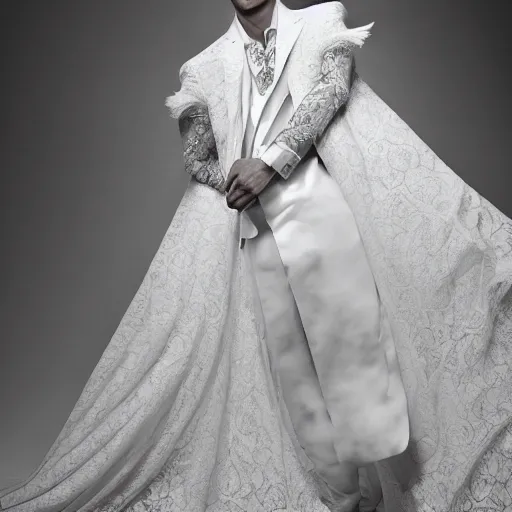 Image similar to a beautiful young korean male wearing a translucid lace wedding gown designed by alexander mcqueen, photographed by andrew thomas huang for a fashion editorial