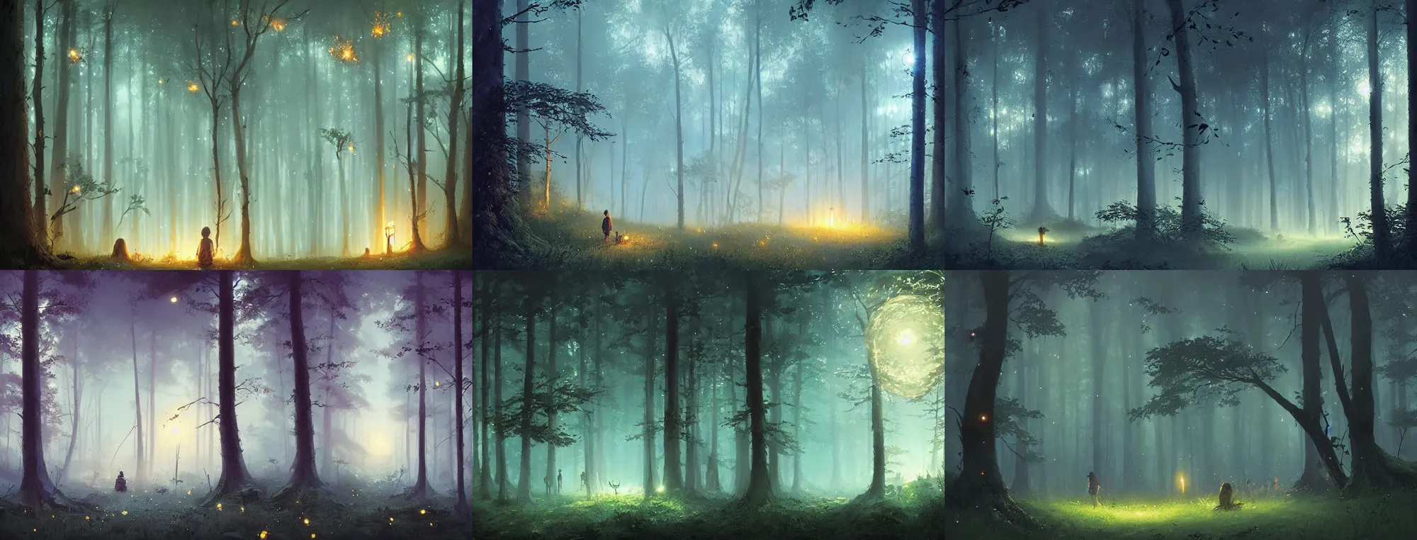Prompt: forest with fireflies, fog, magical, night, dark, blue, by darek zabrocki and studio ghibli, artstation