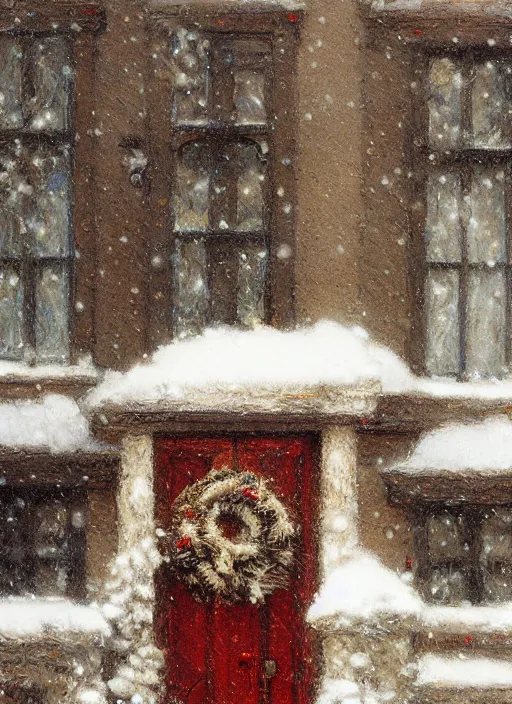 Prompt: new york apartment building in winter, close up of wreath on door, snow, artwork by gaston bussiere, craig mullins, trending on artstation