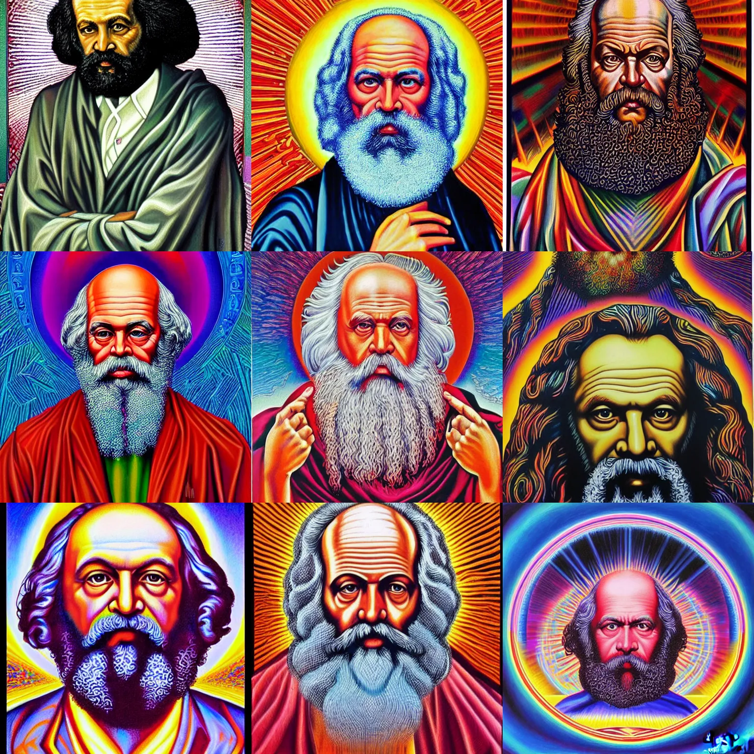 Image similar to karl Marx painting by alex grey in the style of cosmic christ by alex grey