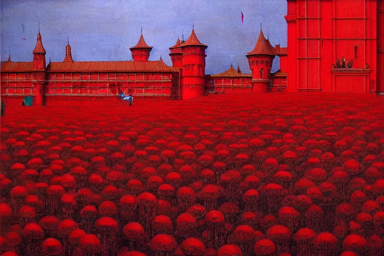 Image similar to only with red, red flowers of different types, red castle in background, red medieval big goblins, in the style of beksinski, parts by edward hopper, parts by rodcenko, parts by yue minjun, intricate and epic composition, red by caravaggio, insanely quality, highly detailed, masterpiece, red light, artstation, 4 k