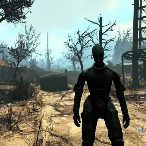 Prompt: Fallout 4 gameplay screenshot, wasteland, Slender Man in the background