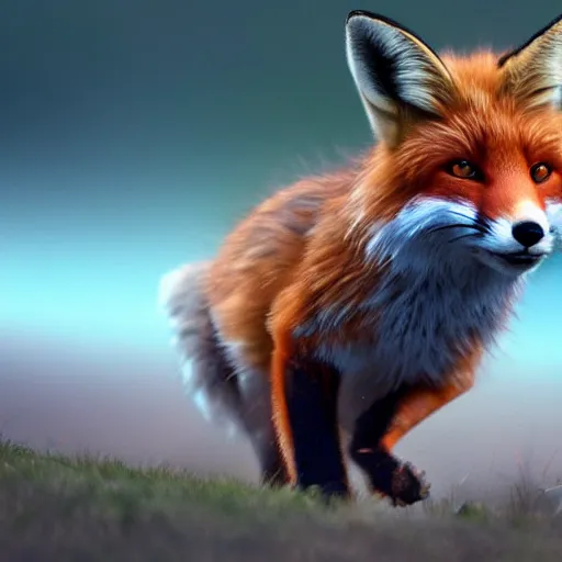 Image similar to A photorealistic fox robbing a bunny and running away with the loot