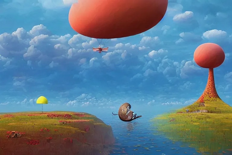 Image similar to surreal glimpse into other universe, floating island in the sky, sky, sea, wind, giraffe, summer morning, very coherent and colorful high contrast, art by!!!! gediminas pranckevicius!!!!, geof darrow, dark shadows, hard lighting