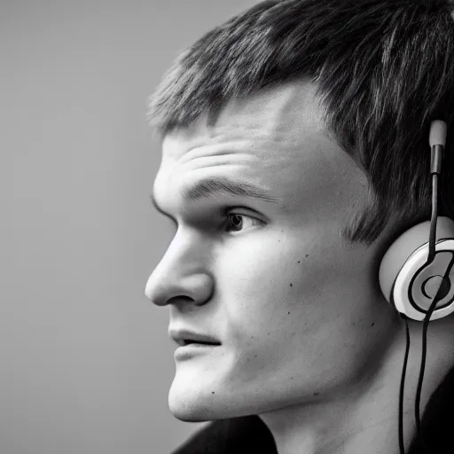 Image similar to vitalik buterin in headphones looking at camera. 8 5 mm, medium shot