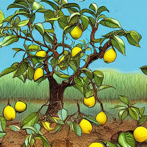 Prompt: a lemon tree with several lemons. the scene is detailed and beautiful, and combines the style of michael foreman, gyo fujikawa, and jane clarke.