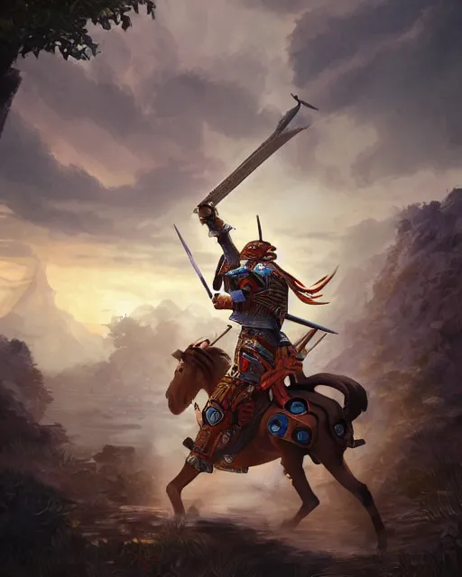 Image similar to ultrarealistic illustration of a spanish conquistador in battle, symmetrical, by daniel zrom and mingchen shen, studio ghibli color scheme, detailed, handsome, anatomy, sharp focus, photography, magic : the gathering, octane, cinematic lighting, facial features, jungle