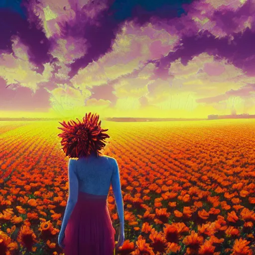 Image similar to giant dahlia flower head, full body girl standing in a flower field, surreal photography, sunrise, dramatic light, impressionist painting, colorful clouds, digital painting, artstation, simon stalenhag