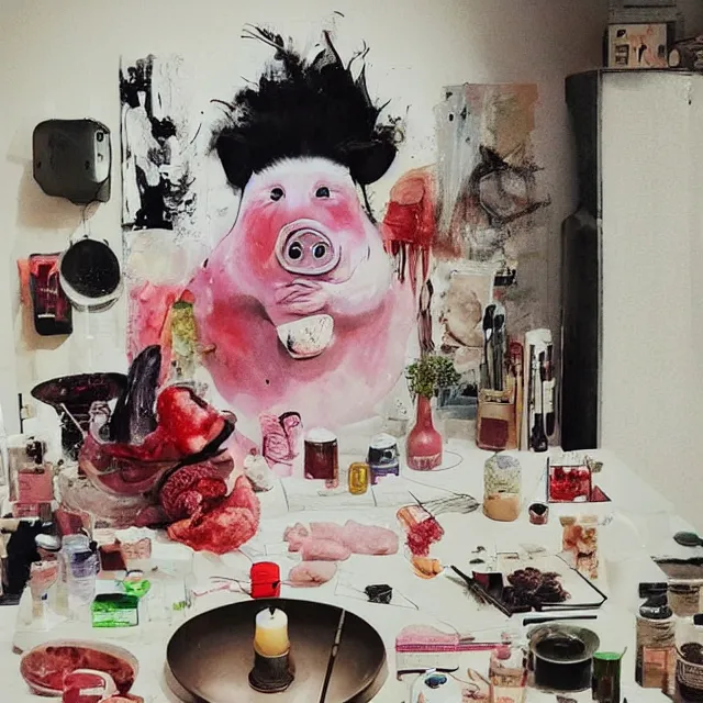 Prompt: “ a portrait in a female art student ’ s apartment, sensual, a pig theme, pork, art supplies, surgical iv bag, octopus, ikebana, herbs, a candle dripping white wax, japanese pottery, squashed berries, berry juice drips, acrylic and spray paint and oilstick on canvas, surrealism, neoexpressionism ”