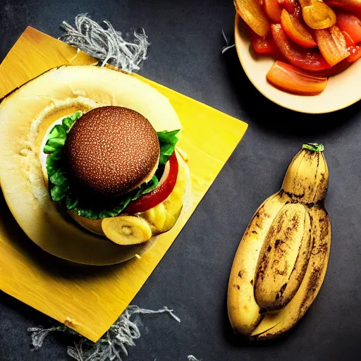 Prompt: hamburger inspired by a banana, professional food photography