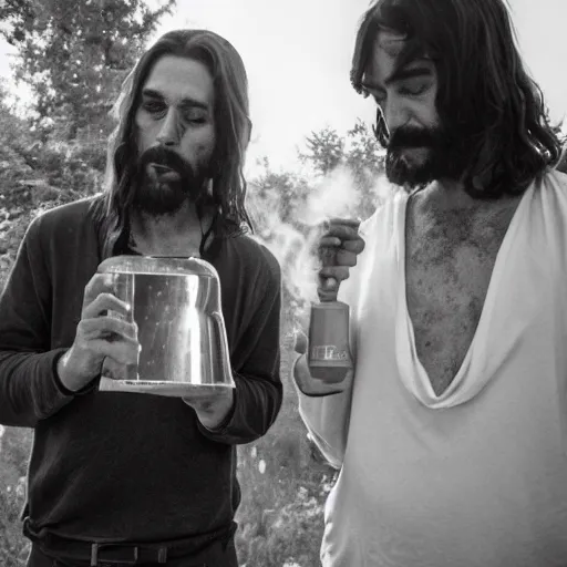 Image similar to jesus and satan smoking a bong together, award winning candid photography, cinematic