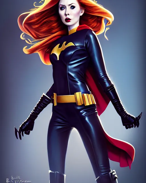 Image similar to Karen Gillan Batgirl, redhead, full body Batgirl costume with cape, no mask, symmetrical face symmetrical eyes, leaping from a building, illustration, artstation, cinematic lighting, hyperdetailed, cgsociety, 8k, high resolution, Charlie Bowater, Tom Bagshaw, Norman Rockwell, insanely detailed and intricate