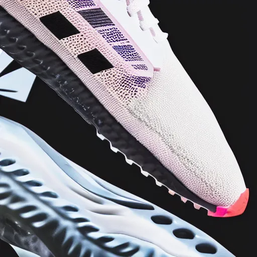 Prompt: the future of running shoes, product catalog shots, mecha details and colorful, Adidas