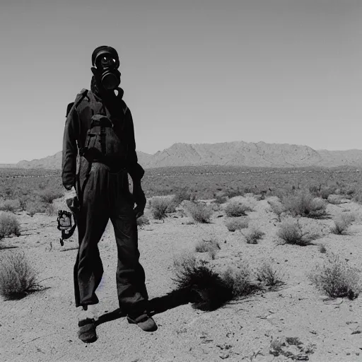 Prompt: a man wearing a gasmask, heavily equipped, in the desert, film still, panasonic 35mm