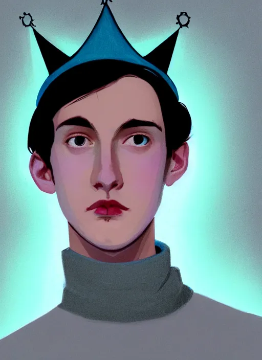 Image similar to portrait of teenage jughead jones wearing a light grey crown, crown, blue turtleneck, 1 9 5 0 s, closed eyes, photorealistic, black hair, glowing lighting, intricate, elegant, glowing lights, highly detailed, digital painting, artstation, concept art, smooth, sharp focus, illustration, art by wlop, mars ravelo and greg rutkowski