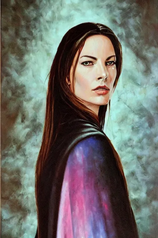 Prompt: hyperrealism oil painting, close - up portrait of carole bouquet medieval brunette vampire fashion model, knight, steel gradient mixed with nebula sky, in style of baroque