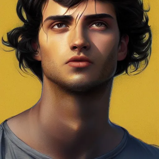 Image similar to ultra realistic illustration, a young man with black hair, in a yellow t - shirt, with blue eyes, highly detailed, digital painting, artstation, concept art, smooth, sharp focus, illustration, art by artgerm and greg rutkowski and alphonse mucha