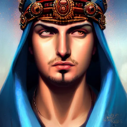 Prompt: detailed portrait of emperor nero, old roman style, non - reflective blue neon cloak, decorated with traditional roman ornaments by rhads, makoto shinkai cyril rolando, madgwick illustrated, perfect face, fine details, realistic shaded, fine - face, pretty face