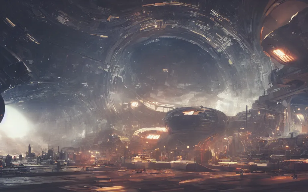 Image similar to large teleporter in space inside a bustling space market, concept art, digital art, illustration, sharp focus, octane render, trending on artstation