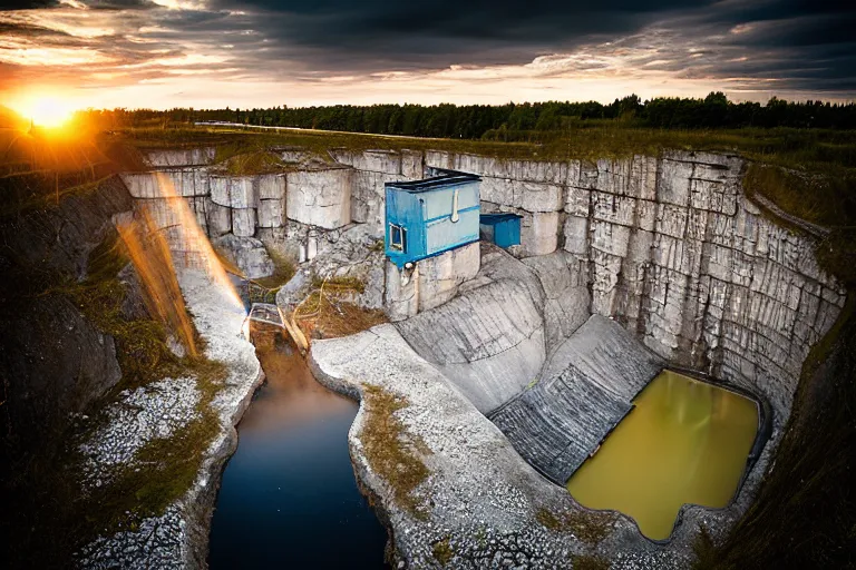 Image similar to an abandoned water - filled lime quarry. the water filled quarry is located in oland, sweden. golden hour, portrait, dslr, 3 5 mm, wide angle, the happiest childhood summer memories, magical realism photograph by erik johansson