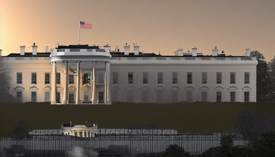 Prompt: people rebuilding white house in washington dc, scaffolding, sunset, volumetric light, hyperdetailed, artstation, cgsociety, 8 k