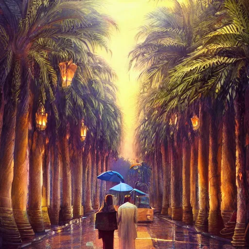 Prompt: a concept painting in the style of esao andrews of the khedival opera house in talaat harb square cairo with beautiful dramatic clouds, dappled lighting, lush landscaping, date palm trees, shrubs and flowers. esao andrews, trending on artstation