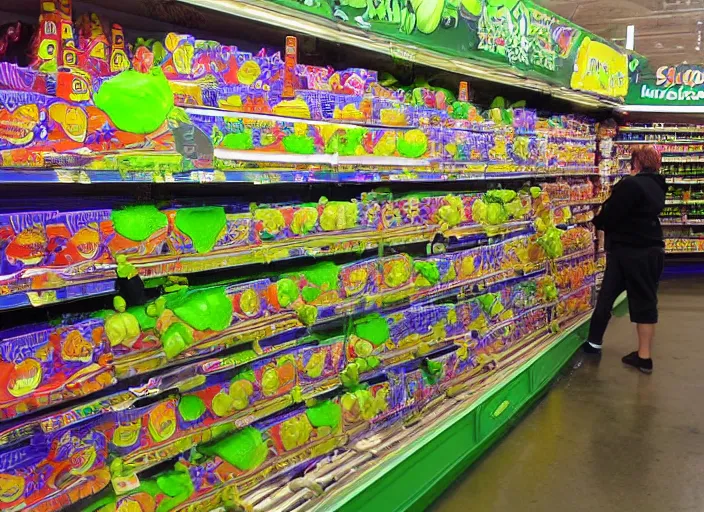 Image similar to the episode of supermarket sweep where the aisles are filled with nickelodeon slime hd