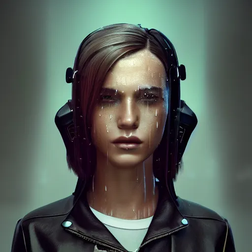 Image similar to stylish woman cartoon portrait made out of rain, leather jacket, cyberpunk background, rendered in octane, unreal engine, highly detailed, trending on artstation, realistic, neon, beautiful