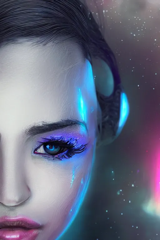 Prompt: beautiful hyper realistic, moonbow queen, highly detailed, artgerm, artstation, deviantart, black, malicious, dark, extreme closeup three-quarter android portrait, tilt shift LaGrange point orbit background, three point perspective, focus on portrait of two androids; pointé pose; eye contact, kinemacolor, soft lighting