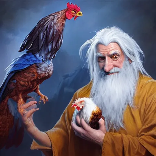 Image similar to a portrait of a wizard with his pet chicken by Tony Sart, confused facial expression, blue robe, long white beard, frizzy hair, ArtStation, realistic, detailed