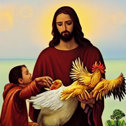 Prompt: jesus handing over a chicken to you as a present