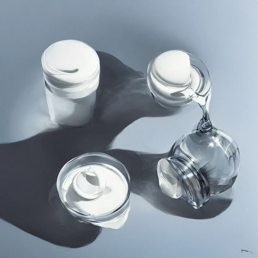 Image similar to concept art of luxury very modern dietary supplement with white liquid in a round transparent bottle with big black sticker on it, by aenaluck, artgerm and roberto ferri and greg rutkowski, light blue and white tones, digital painting, artstation, concept art, smooth, sharp foccus ilustration hq