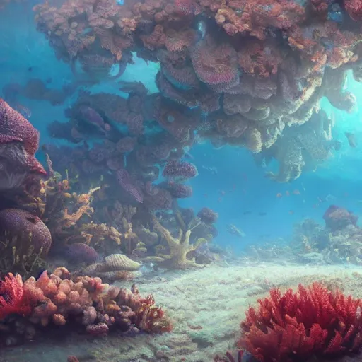 Image similar to beaufiful coral reef photorealistic painting, wlop, concept art, octane render, deviantart, greg rutkowski, cinematic, artstation, key art, hyperrealism