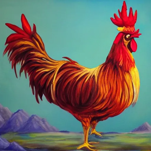 Prompt: oil painting of happy rooster ultra realism