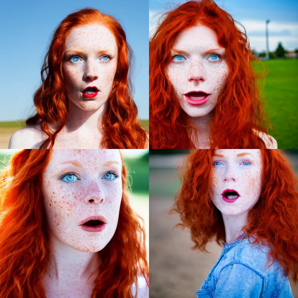 Prompt: photo of the left side of the head of an adorable redhead woman with gorgeous blue eyes and wavy long red hair, red detailed lips and freckles who looks directly at the camera. Slightly open mouth. Whole head visible and covers half of the frame, with a park visible in the background. 135mm nikon.