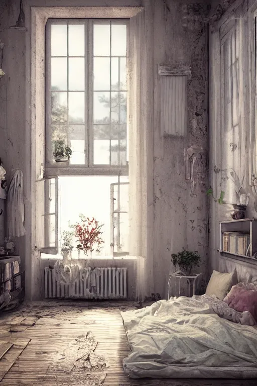 Image similar to hq sharp photo realistic shabby chic room with windows colorful atmospheric, artstation behance