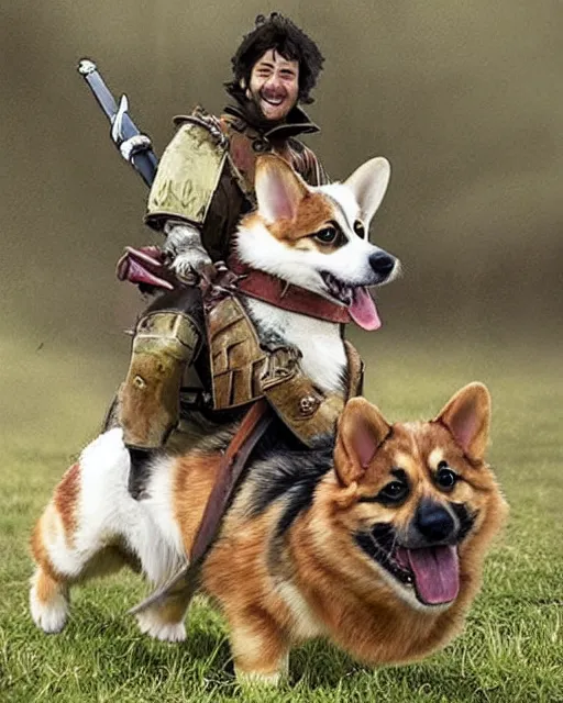 Image similar to photos of warriors riding happy looking corgi dogs into battle, photorealistic, cinematic, in the style of peter jackson