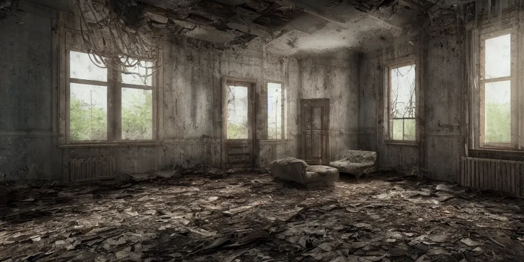 Prompt: abandoned house interior, grunge, cinematic composition, hyper realistic, 8k resolution, unreal engine