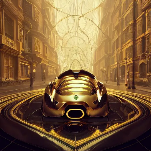 Image similar to cyber gold, slick, supercar : by michal karcz, daniel merriam, victo ngai and guillermo del toro : ornate, dynamic, particulate, intricate, elegant, highly detailed, centered, artstation, smooth, sharp focus, octane render