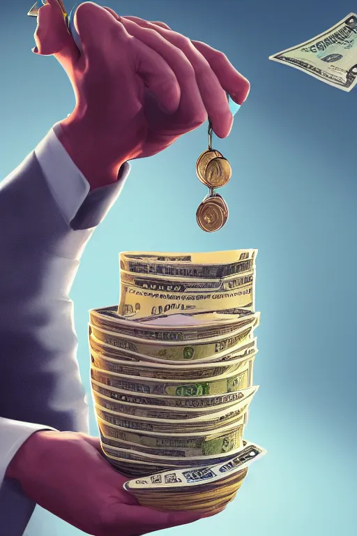 Prompt: a dynamic digital painting and illustration of buzy waiter getting stack of dollars, rendered in octane, cgsociety, artstation, cinematic lighting, 4K, very intricate, HDR