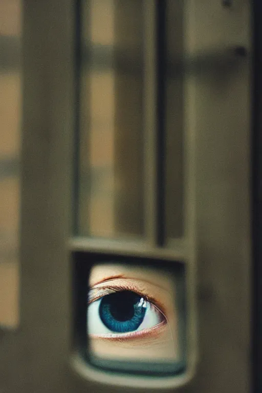 Prompt: kodak portra 4 0 0 photograph of a person looking out through their window, eye, beautiful eye, close up, telephoto, faded effect, grain,