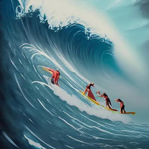 Prompt: champion surfers on a big wave, artstation, in style of da vinci